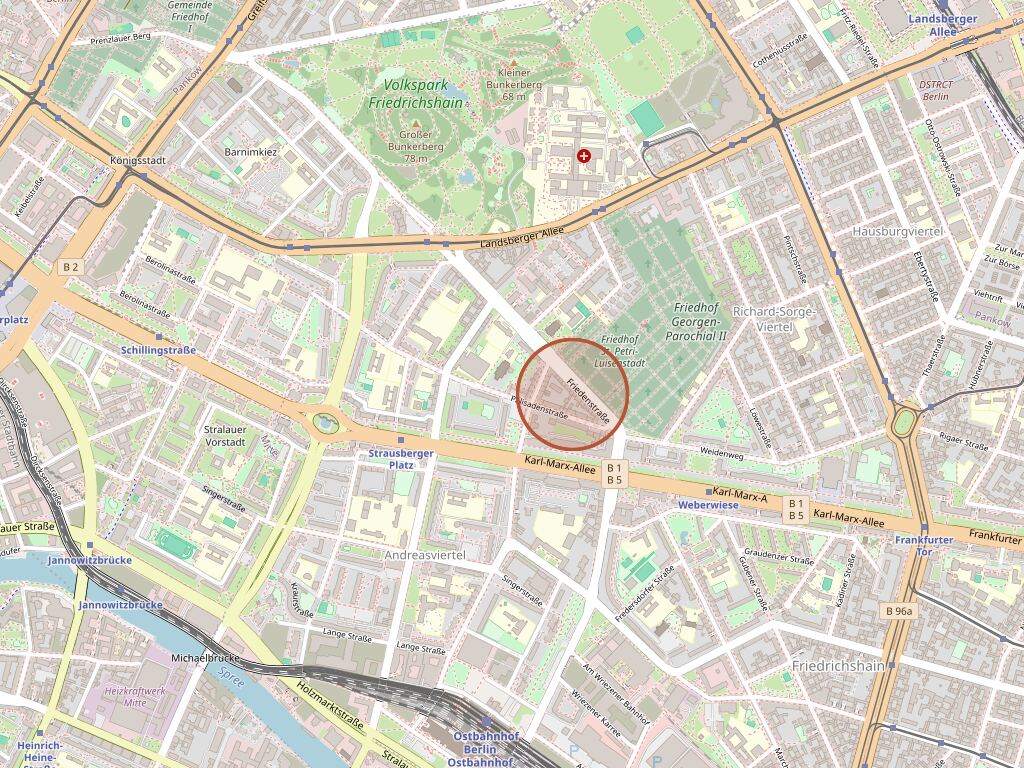 Karte: Palisadenstraße in Berlin Friedrichshain, zwischen Strausberger Platz und U Weberwiese